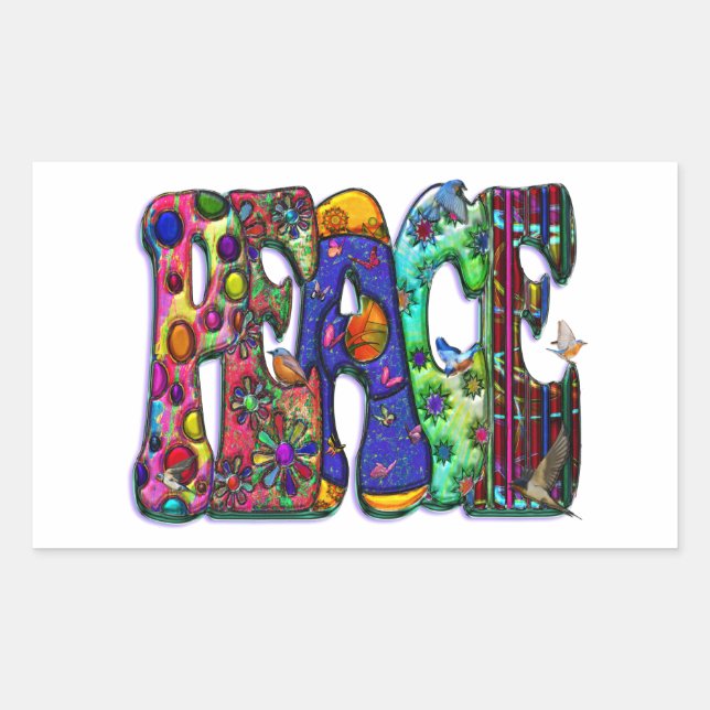 Peace Word Art Birds und Schmetterlinge Rechteckiger Aufkleber (Vorderseite)