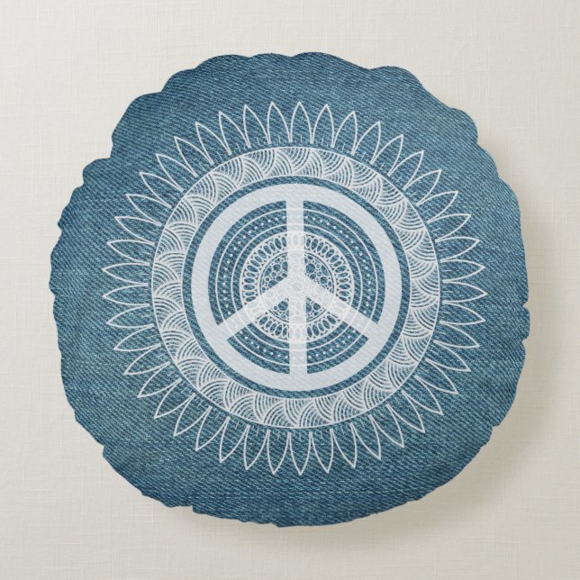PEACE-Zeichen Symbol Mandala Hippie Daisy Denim Je Rundes Kissen (Vorderseite)