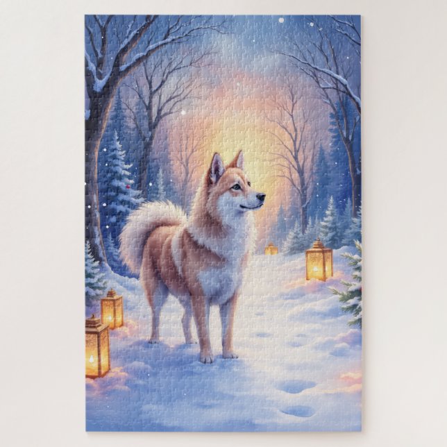 Peaceful Akita on Snow Lantern Path Christmas Dog  (Vertikal)