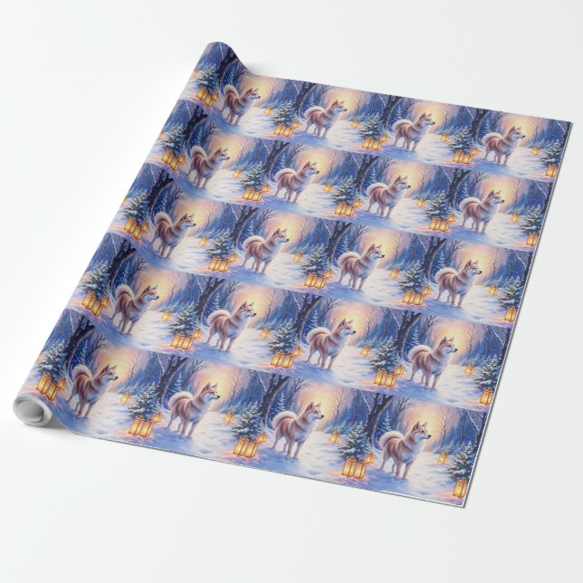 Peaceful Akita on Snow Lantern Path Christmas Dog  Geschenkpapier (Ungerollt)