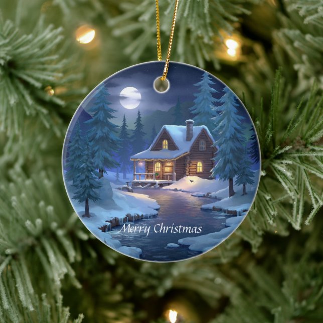 Peaceful Cabin in Winter Forest Keramik Ornament (Baum)