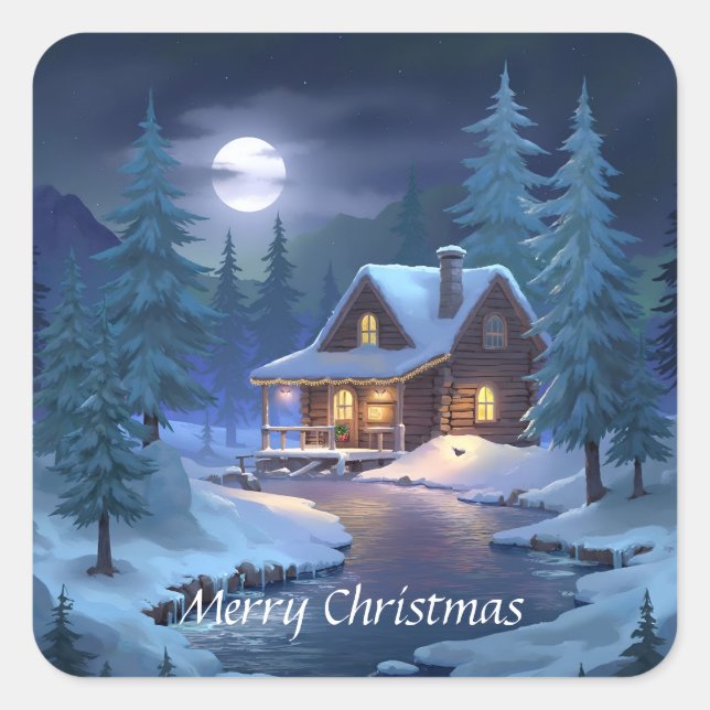 Peaceful Cabin in Winter Forest Quadratischer Aufkleber (Vorderseite)