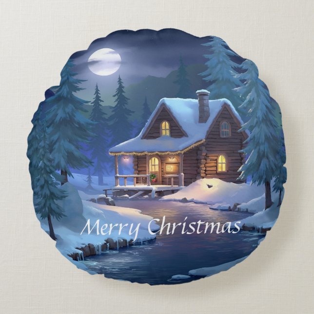 Peaceful Cabin in Winter Forest Rundes Kissen (Vorderseite)