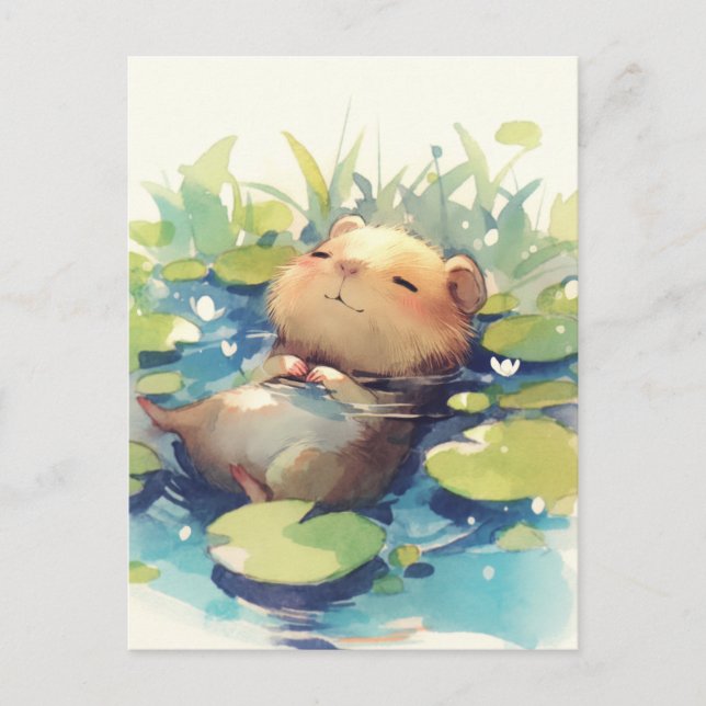 Peaceful Capybara Floating in Water Lily Pond Postkarte (Vorderseite)