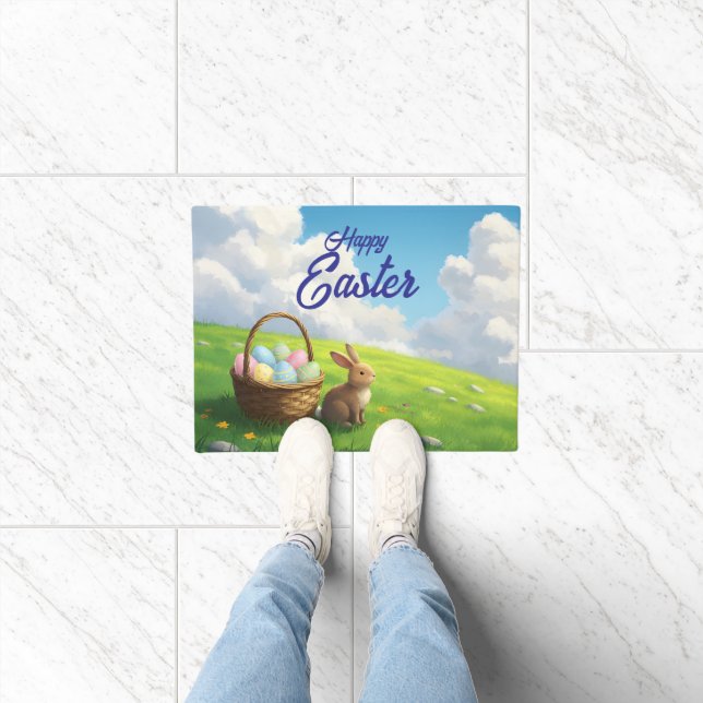 Peaceful Easter Spring Meadow Bunny & Egg Basket Fußmatte (Indoor)