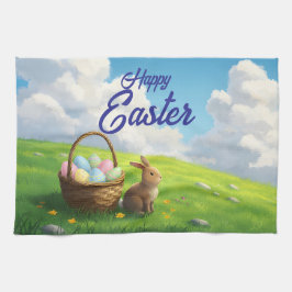 Peaceful Easter Spring Meadow Bunny & Egg Basket Geschirrtuch
