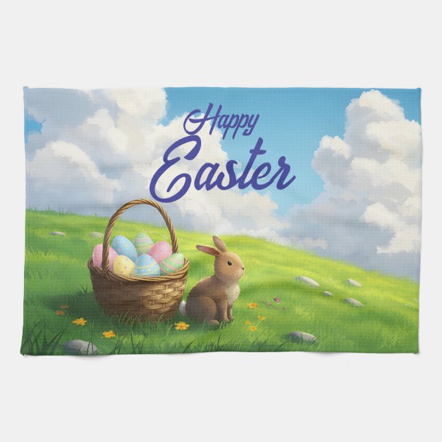 Peaceful Easter Spring Meadow Bunny & Egg Basket Geschirrtuch (Horizontal)