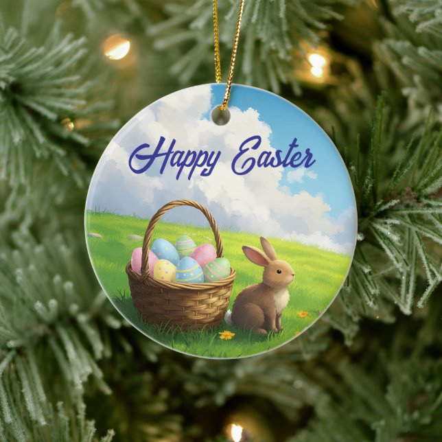 Peaceful Easter Spring Meadow Bunny & Egg Basket Keramik Ornament (Baum)