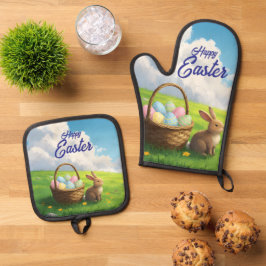 Peaceful Easter Spring Meadow Bunny & Egg Basket Ofenhandschuh & Topflappen-Set