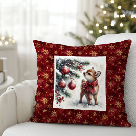 Peaceful snowy forest baby fawn Christmas pillow  Kissen