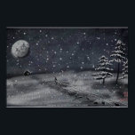 peaceful snowy night chalkboard scene poster<br><div class="desc">A little winter scene I sketched up on my phone’s chalkboard app. A solitary figure hikes uphill through the night trailing a sled past snow covered evergreen trees. Off in the distance a cabin becons of love and warmth and home below the wintry moon as the snow flurries fall peacefully....</div>