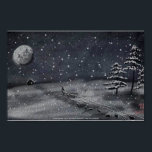 peaceful snowy night chalkboard scene poster<br><div class="desc">A little winter scene I sketched up on my phone’s chalkboard app. A solitary figure hikes uphill through the night trailing a sled past snow covered evergreen trees. Off in the distance a cabin becons of love and warmth and home below the wintry moon as the snow flurries fall peacefully....</div>