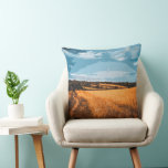 Peaceful Summer Landscape Golden Wheat Kissen<br><div class="desc">Add a cozy and artistic touch to your sofa or bed with this charming throw pillow. The design showcases a graphic, posterized summer landscape featuring a peaceful dirt path wandering through golden fields. Its warm color palette and stylized aesthetic make it an ideal home decor accent for nature lovers.</div>