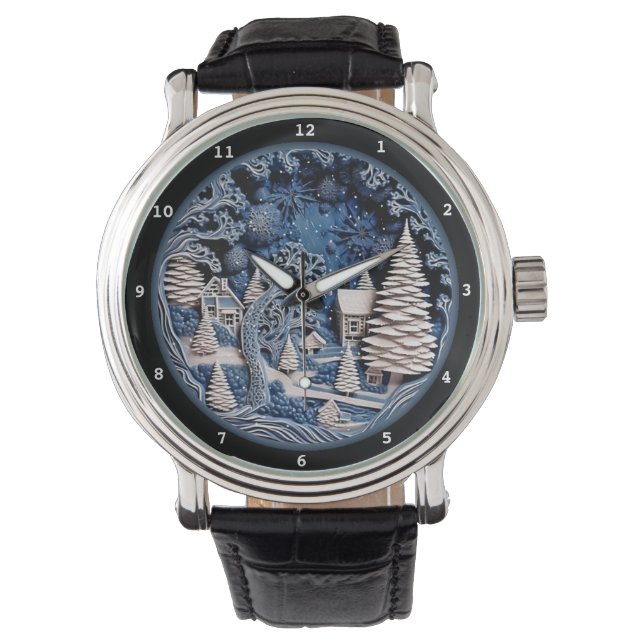 Peaceful Winter Village Under Moonlight Armbanduhr (Vorderseite)
