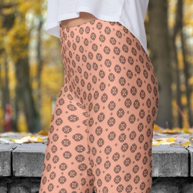 Peach and Black Mandela Pattern Leggings (Mandela on Peach)