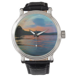 Peach and Blue Sunset on Mountain Lake Armbanduhr