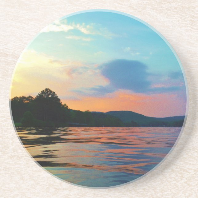 Peach and Blue Sunset on Mountain Lake Getränkeuntersetzer (Vorne)