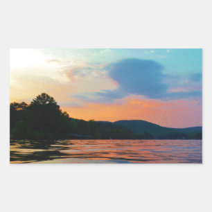 Peach and Blue Sunset on Mountain Lake Rechteckiger Aufkleber