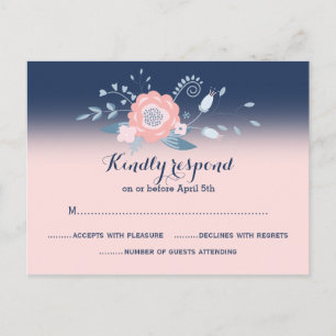 Peach and blue wedding RSVP Postkarten Monogramm