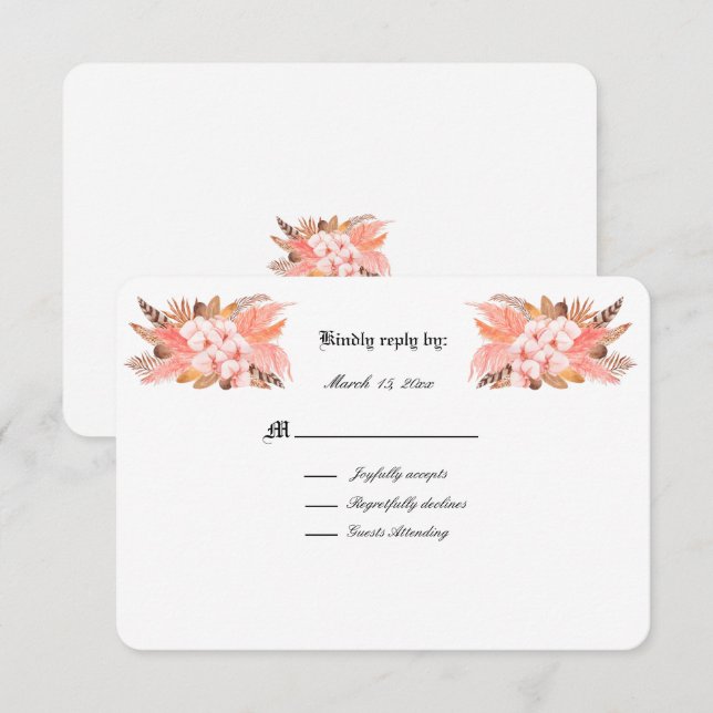 Peach and Brown Pampas Grass Wedding RSVP Karte (Vorne/Hinten)