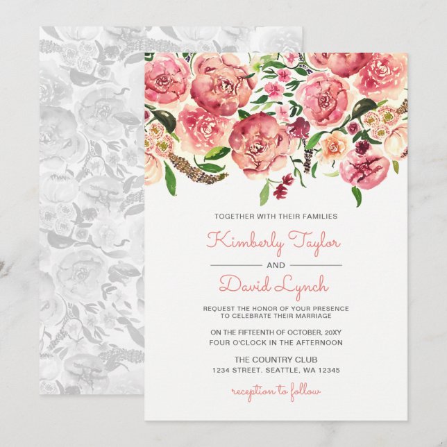 Peach and Coral Blume Einladung zur Blumenhochzeit (Vorne/Hinten)