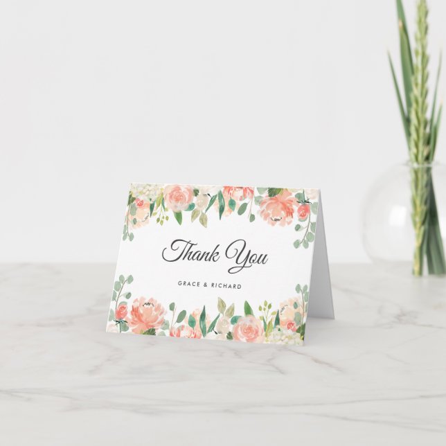 Peach and Coral Peony Floral Danke Karte (Vorderseite)