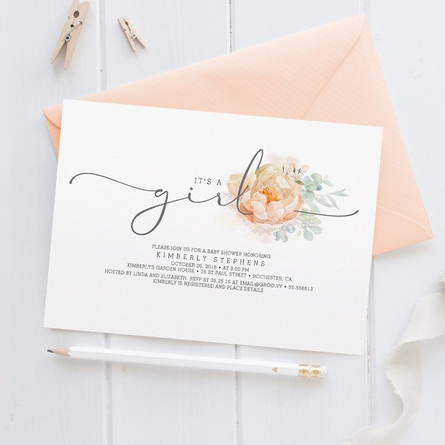 Peach and Cream Floral Calligraphy Baby Shooter Einladung (Von Creator hochgeladen)