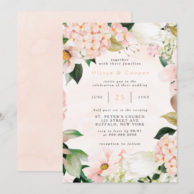 Peach and Cream Hydrangeas Tulip Chic Wedding Einladung (Vorne/Hinten)