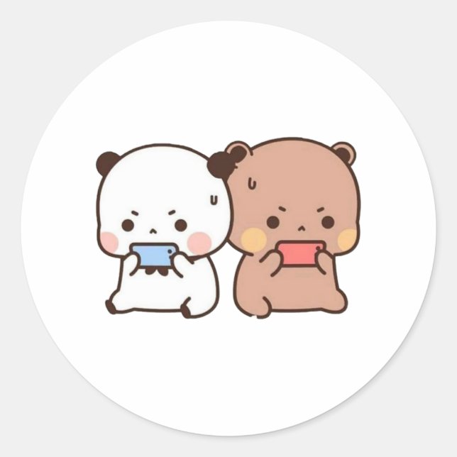 Peach and Goma Mochi Bear Couple Niedlich Play Gam Runder Aufkleber (Vorderseite)