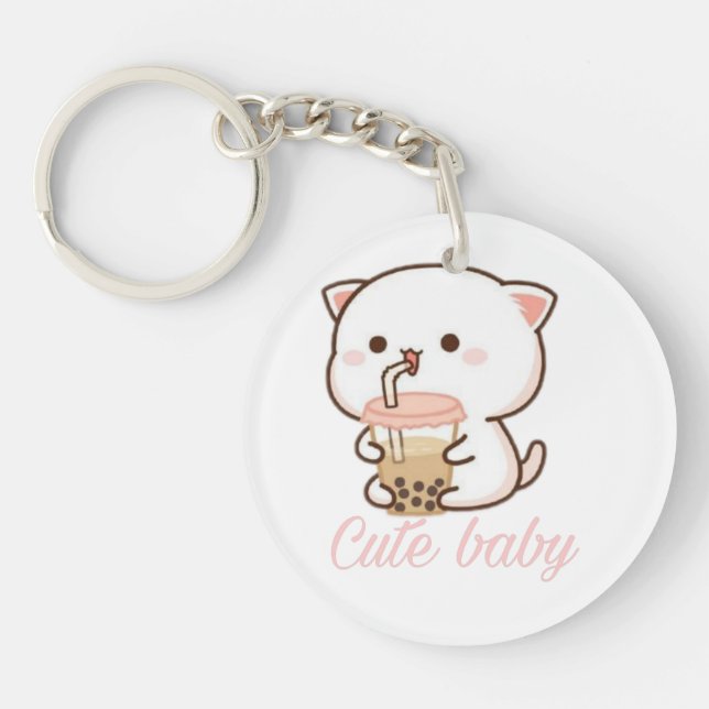 Peach and Goma Mochi Cat Bubble Tea  Baby Bodysuit Schlüsselanhänger (Vorderseite)