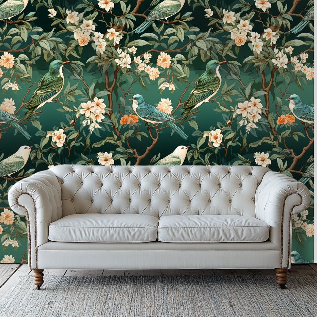 Peach and Green Chinoiserie Style Floral Wallpaper Tapete (Von Creator hochgeladen)