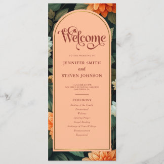 Peach and Green Floral Gold Foil Arch Wedding Programm