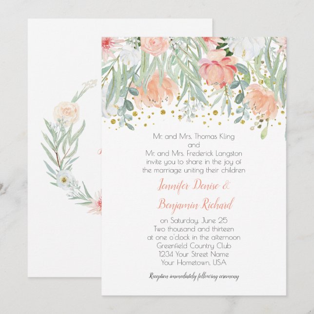 Peach and Green Floral Gold Glitzern Wedding Einladung (Vorne/Hinten)