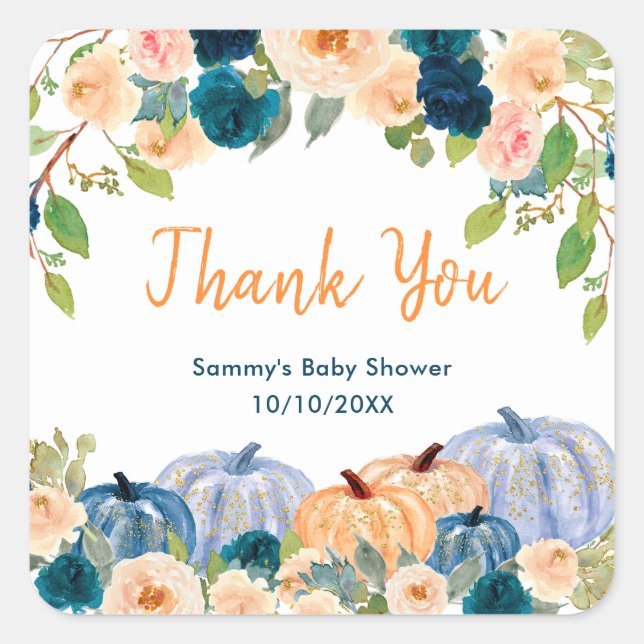 Peach and Navy Pumpkins Brautparty Vielen Dank Quadratischer Aufkleber (Vorderseite)
