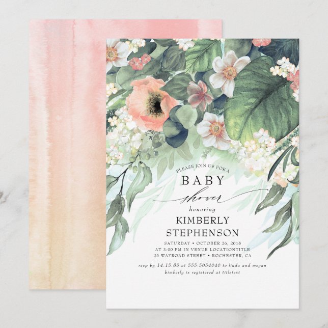 Peach and Pink Floral Elegant Baby Dusche Einladung (Vorne/Hinten)