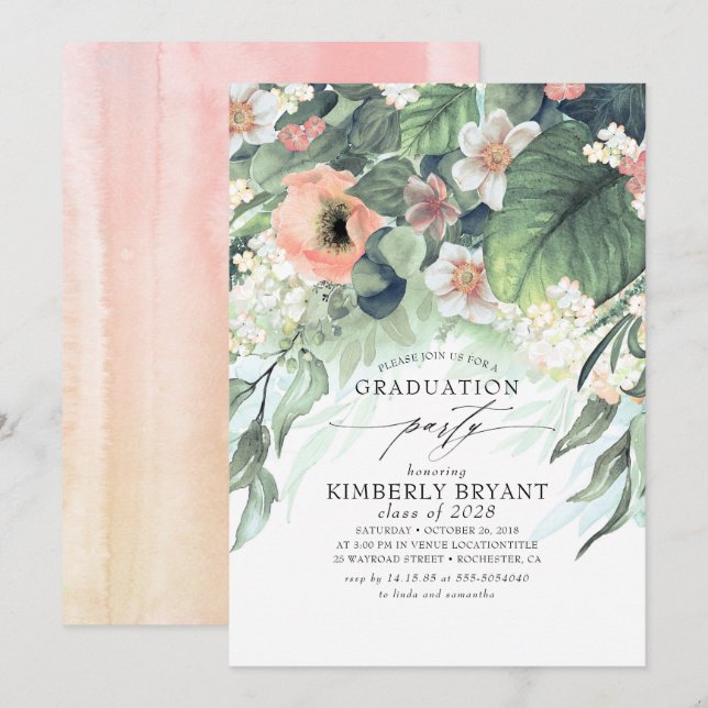 Peach and Pink Floral Elegant Stilvoller Abschluss Einladung (Vorne/Hinten)