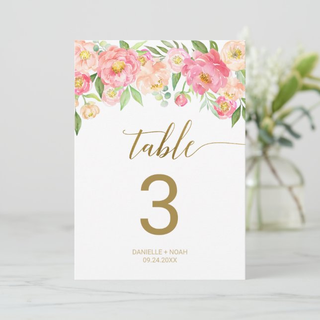 Peach and Pink Peony Blume 12x18" Tischnummer (Stehend Vorderseite)