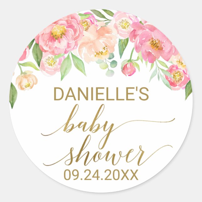 Peach and Pink Peony Blume Baby Dusche Gefallen Runder Aufkleber (Vorderseite)