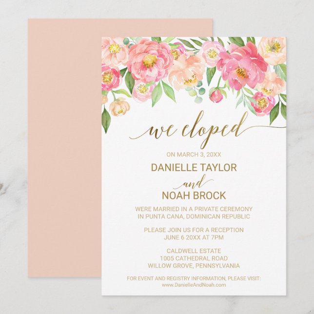 Peach and Pink Peony Blume Elopement Empfang Einladung (Vorne/Hinten)