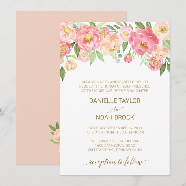 Peach and Pink Peony Blume Feierliche Hochzeit Einladung (Vorne/Hinten)