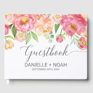Peach and Pink Peony Blume Gray Wedding Gästebuch