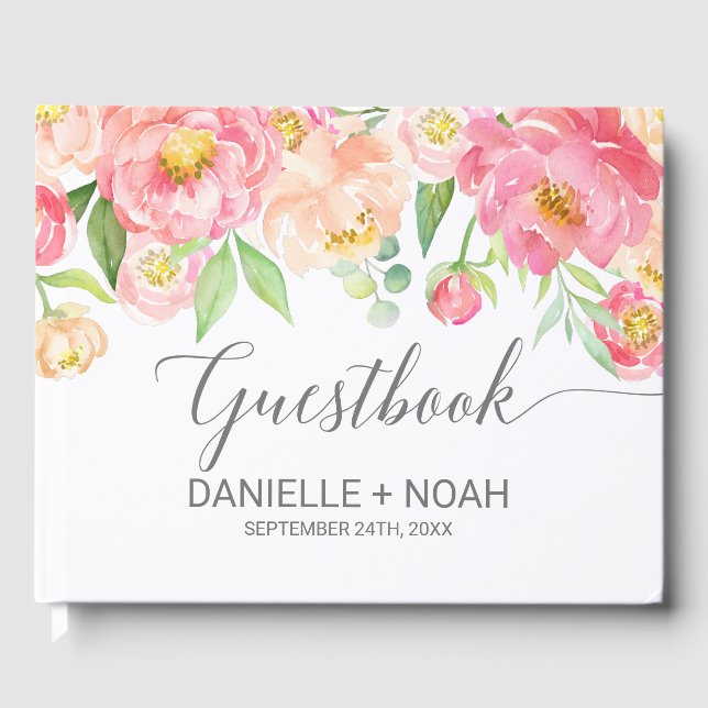 Peach and Pink Peony Blume Gray Wedding Gästebuch (Vorderseite)