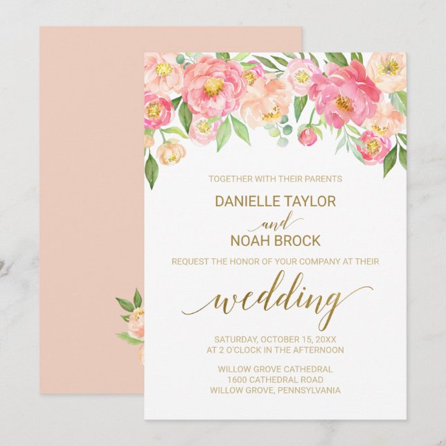 Peach and Pink Peony Blume Hochzeit Einladung (Vorne/Hinten)