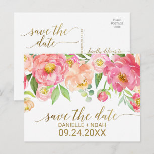 Peach and Pink Peony Blume Hochzeit Speichern Sie  Ankündigungspostkarte