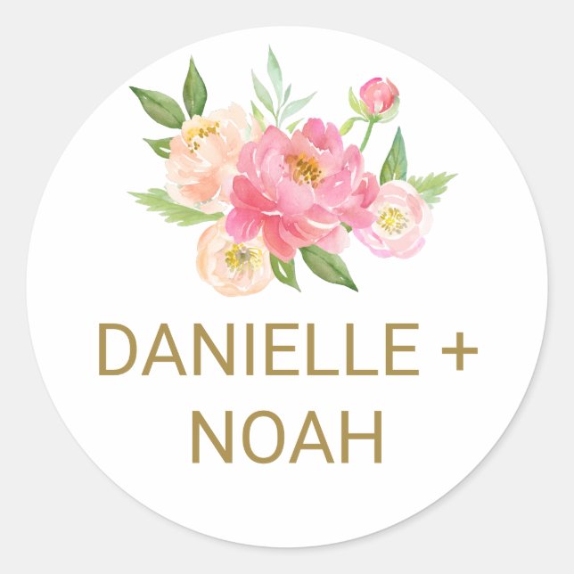 Peach and Pink Peony Blume Hochzeiten Umschlag Auf Runder Aufkleber (Vorderseite)
