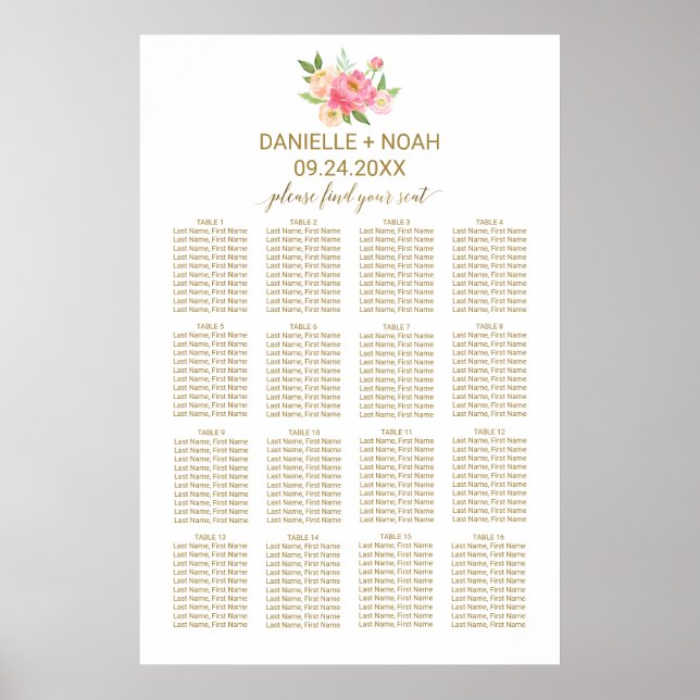 Peach and Pink Peony Blume Hochzeitsdiagramm Poster (Vorne)