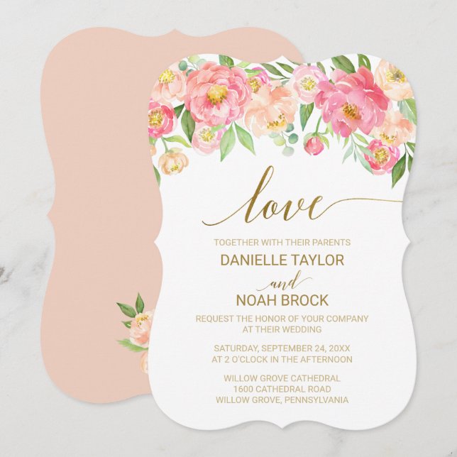 Peach and Pink Peony Blume "Liebe" Hochzeit Einladung (Vorne/Hinten)