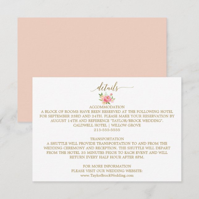 Peach and Pink Peony Blume Wedding Details Card Begleitkarte (Vorne/Hinten)