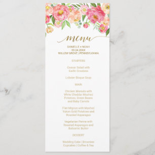 Peach and Pink Peony Flowers Menu Mariage