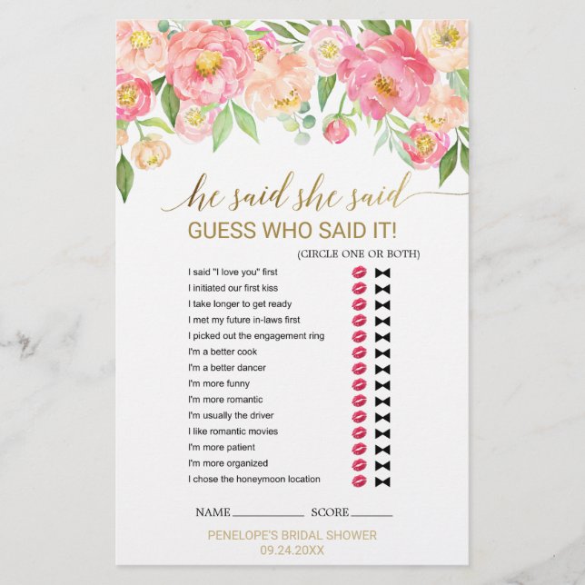 Peach and Pink Peony "He Said She" Spiel (Vorderseite)